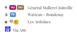 Accès en transport en commun :
Bus 182 et 382 arrêt Général Mallette Joinville
Tramway T9 arrêt Watteau-Rondenay
RER C station Les Ardoines

Accès en voiture : via A86